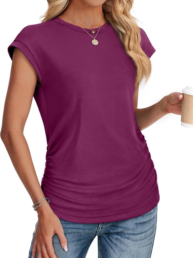 Sampeel Womens Summer Tops Trendy 2026 Ruched Cap Short Sleeve Tshirts Shirts Crew Neck T Shirts Fashion