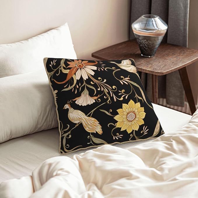 Flowers Birds Velvet Pillow Covers 20x20 Inch Vintage Floral Black Throw Pillows for Couch Farmhouse Cushion Covers Pillowcase Retro Rustic Pillow Cases for Sofa Bed Living Room Outdoor