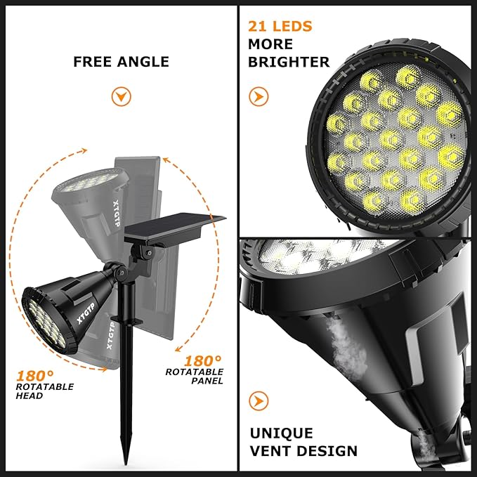 Solar Spot Lights Outdoor, 21 LEDs Brightness Solar Outdoor Lights IP67 Waterproof, 2-in-1 Adjustable Outdoor Lights Solar Powered for Yard Trees Patio Pathway Yard Flag - Cool White(6 Pack)