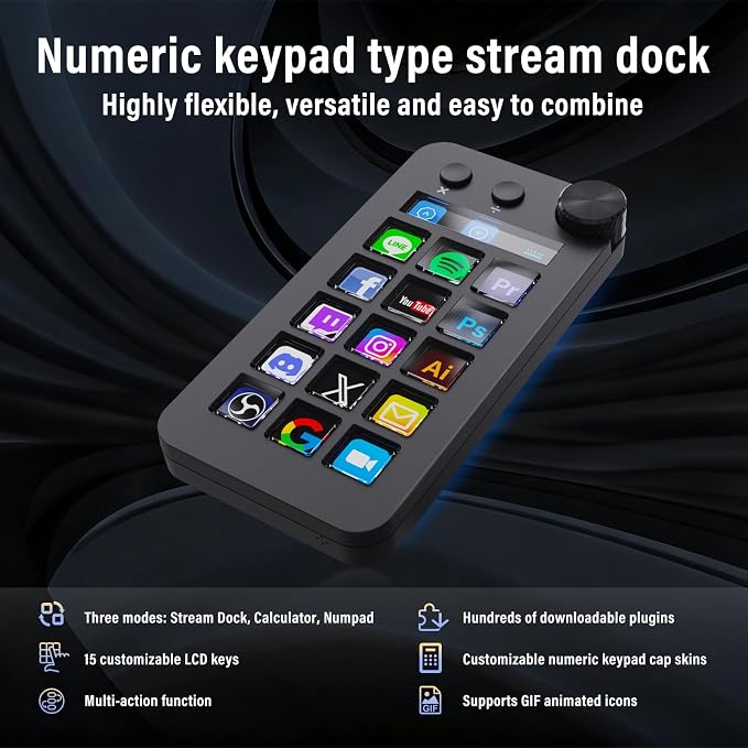 Streaming Deck,Macro pad/Calculator/Numeric Keypad Three Modes | 15 Customizable Macro Keys and LCD Bar,Large Dial,Work Efficiency Device,Compatible with Windows and Mac(N1 Black)