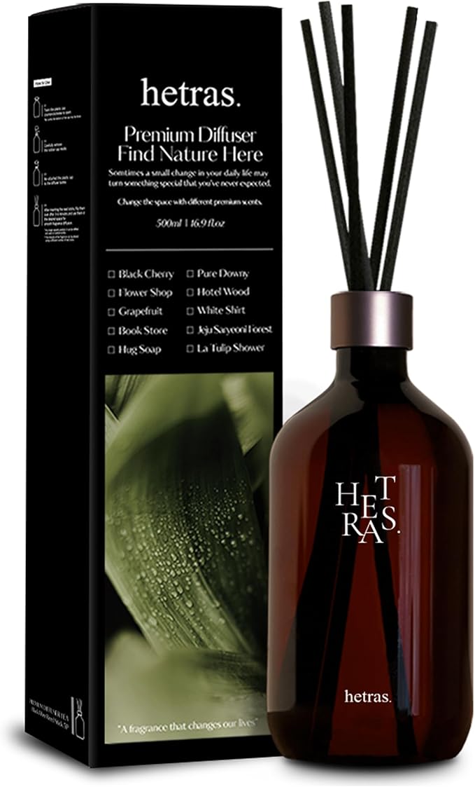 hetras Premium Reed Diffuser Set 16.9 fl.oz. 1 Pack | Hug Soap - Cozy & Clean Scent | Long-Lasting Luxury Fragrance with 10 Reed Sticks for Home & Office | Gifts for Loved One