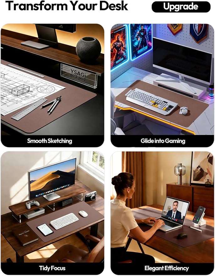 YSAGi Desk Protector&Blotter, Non-Slip Waterproof Leather Mouse Pad | Shields Scratches, Stains, Spills, Heat & Scuffs; Suede Non-Slip; Easy-Clean; Comfy Writing/Typing, 31.5" x 15.8",Chocolate