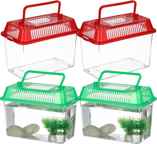 4pcs Mini Portable Fish Tank Plastic Turtle Fish Tank Transparent Pet Breeding Cage Acrylic Reptile Cage Reptiles Feeding Box Hamster Turtle Cage for Small Pets