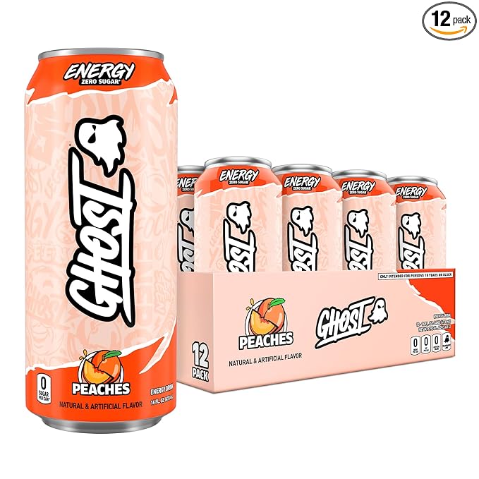 GHOST Energy Drink - 12-Pack, Peaches, 16oz - Energy & Focus & No Artificial Colors - 200mg of Natural Caffeine, L-Carnitine & Taurine - Gluten-Free & Vegan