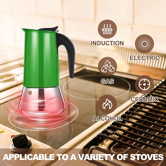 6 Cup Stovetop Espresso Maker Stainless Steel Moka Pot Stove Top Percolator Italian Coffee Makers Capable Mocha Greca Machine Cafe Classic Induction Cookers for Home and Camping 300ml 10oz
