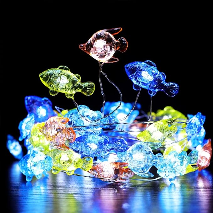 Tropical Fishes Decorative String Lights, 18.7 Ft 40 LED USB Plug-in Silver Copper Wire Beach Theme Fairy Lights for Indoor Outdoor Decoration Projects (Cool White, Remote Control with Timer)