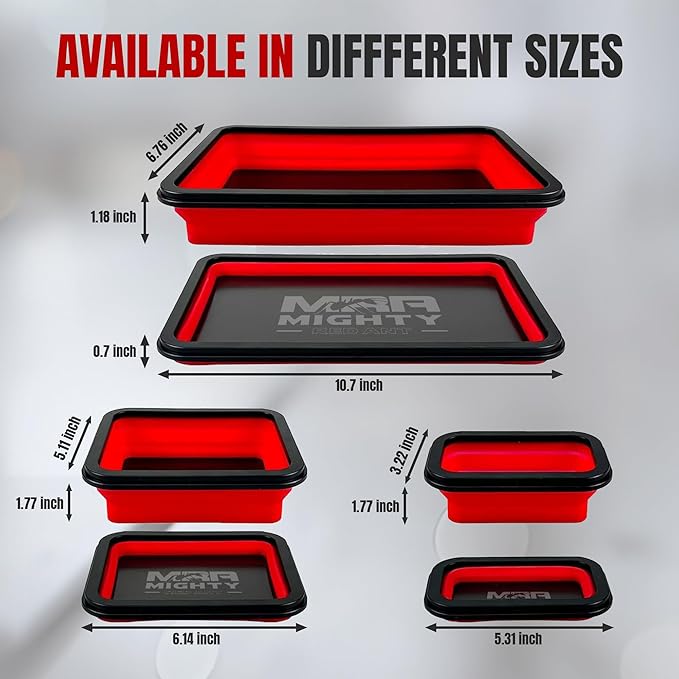 Magnetic Parts Tray Set 3-Pack - Collapsible Silicone Magnetic Tray with Strong Base - Multi-Size (Red)