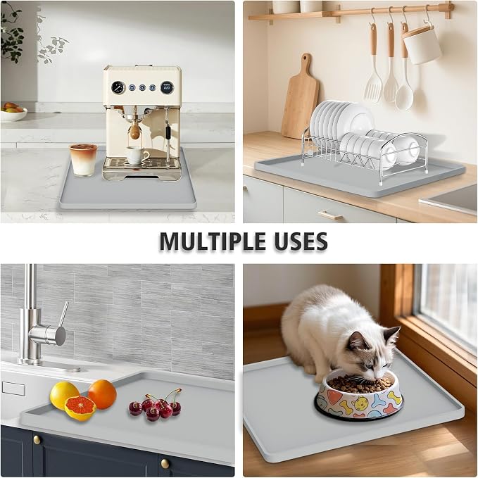Silicone Coffee Mat 16"x16", Single Piece Anti-Vibration Under Coffee Maker Mat, Non-Slip Espresso Machine Mat with 10mm Raised Edge, Noise Reduction Countertop Protector, Fits Breville Ninja Keurig