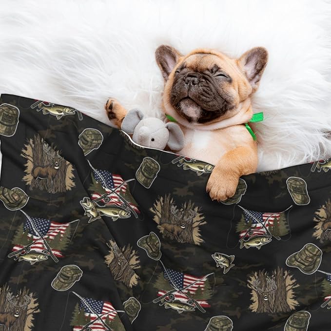 Dog Cat Blanket Double Sided, Hunting Deer Bass Fishing Lure Camo Camouflage American Flag Black, Plush with Raised Dot Pattern and Smooth Reverse for Cuddling