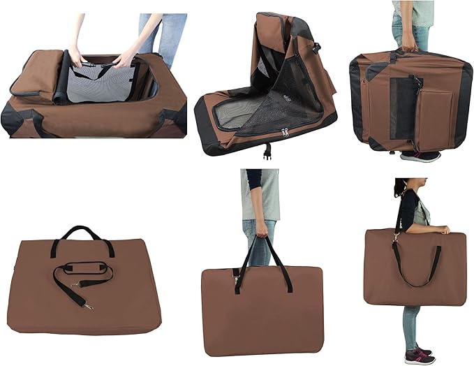 EliteField 3-Door Folding Soft Dog Crate with Carrying Bag and Fleece Bed (2 Year Warranty), Indoor & Outdoor Pet Home (24" L x 18" W x 21" H, Brown)