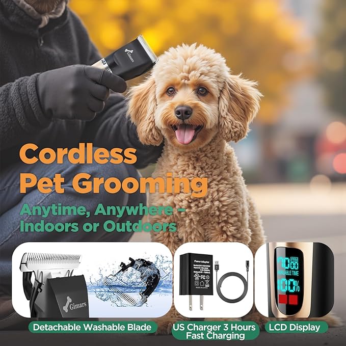 Gimars Professional 7000rpm Low Noise 55db Cordless Rechargeable Dog Clippers, 3.0 Motor Powerful Dog Long Hair Trimmer Grooming Shaver Kit, Electric Pet Hair Clippers for Cat, Horse
