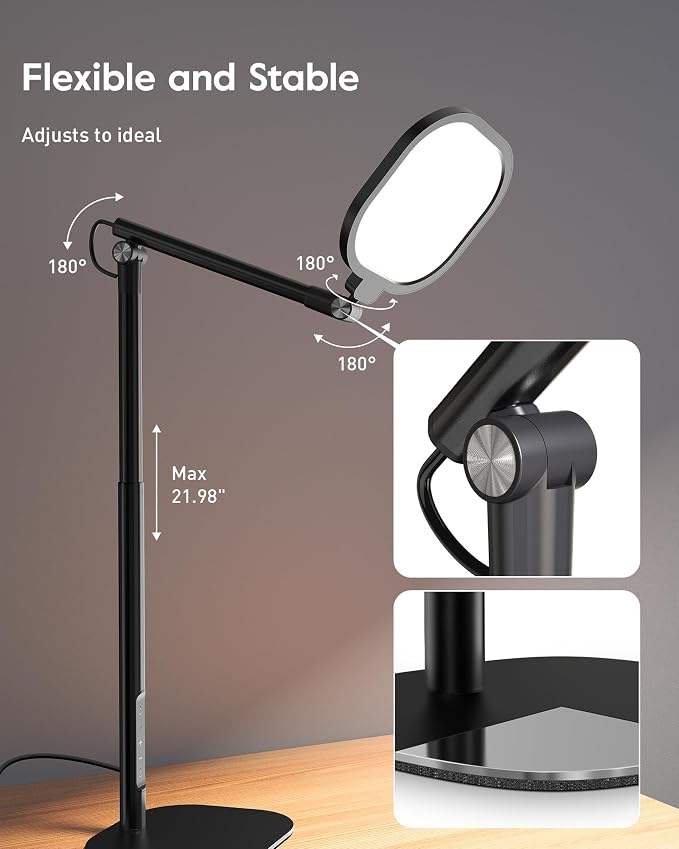 LitONES Tall LED Desk Lamps with Base, Edge-Lit Eye-Care, 50 Light Modes | 40" Height, Dimmable & Flexible, CRI>97.8, Memory and Timer Func, Stable Mental Base for Home Office, Video Calls & Drafting
