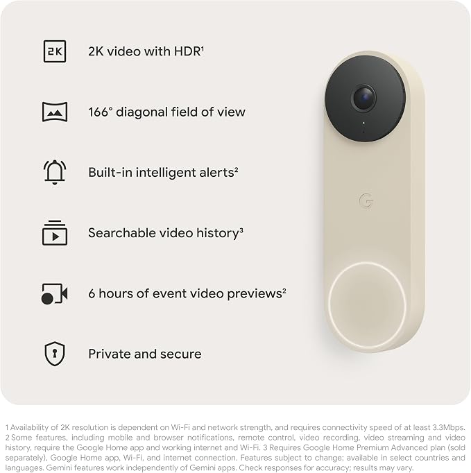 Google Nest Doorbell (Wired, 3rd Gen) - 2K Video, Live View - 2025 - Linen | Video doorbell, 2K HDR, intelligent alerts, color night vision, 2-way audio, works with Google Home & Gemini
