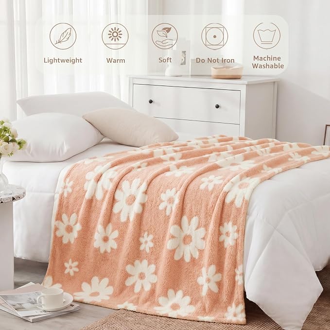 Soft Throw Blanket for Couch-Cozy Reversible Knitted Blankets | Lightweight Warm Fluffy Decor for Women, Mom, Her & Girls, Sofa, Chair, Bed, 50x70in,Daisy Floral Peach Orange