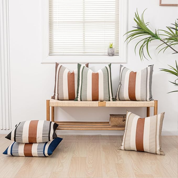 18x18 Inch Pillow Cover - Brown Faux Leather & Black White Striped Cotton Splicing, Same Pattern Both Sides | for Couch Sofa Bed, Farmhouse Industrial Decor