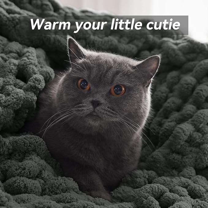 Negwoo Chunky Knit Throw Blanket, Knitted Throw Chenille Yarn, 60"*80" | Soft Thick Cable Knitted Blankets, Handmade Big Thick Blanket, Machine Washable Cute Comfy Blanket for Home Decor, Dark grey