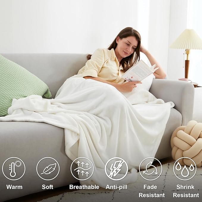 Hansleep Queen White Fleece Blanket, Soft Flannel Bed Blanket | Fuzzy Cozy Blanket 90x90 Inches, Multi-use for Bed, Sofa, Couch, Travel, Camping, All Season Warm Lightweight Cover
