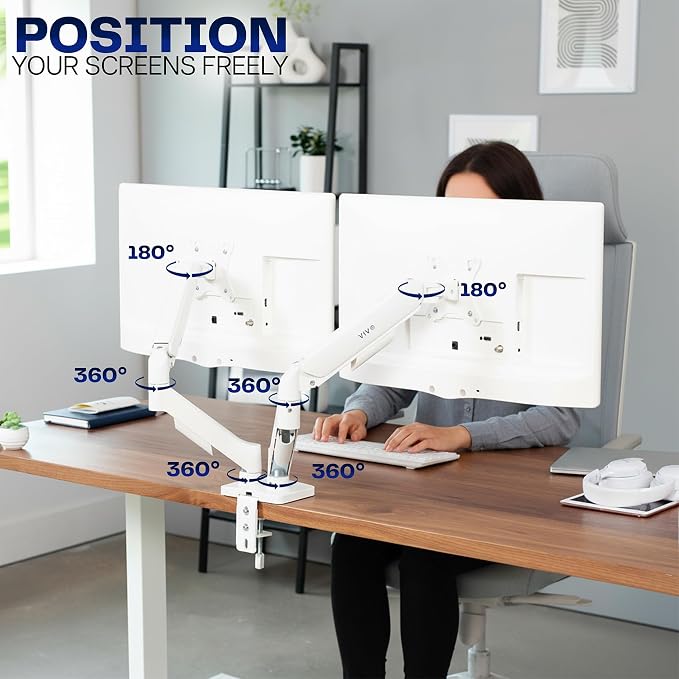 VIVO Dual Monitor Stand, Fully Adjustable Arms for 17 to 32 inch Screens, Mechanical Articulating Desk Mount, Gaming and Office Setups, VESA 75x75, 100x100, Max 19.8 lbs, Classic, White, STAND-V002OW