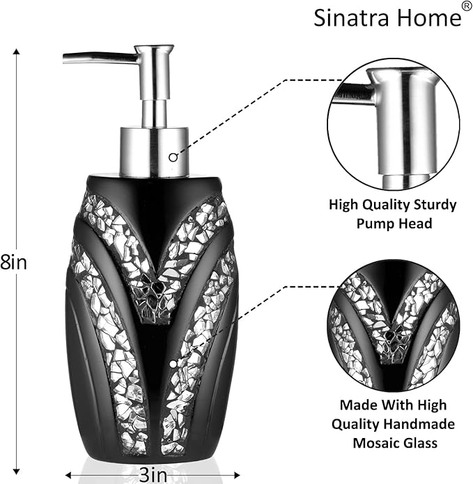 Zahari Home 4pc Sinatra Stylish Bathroom Accessories Set Black Soap Dispenser/Lotion Pump, Tumbler, Tooth Brush Holder and Soap Dish Modern Luxury Decor Bling Mosaic Glass Black Bathroom Accessories