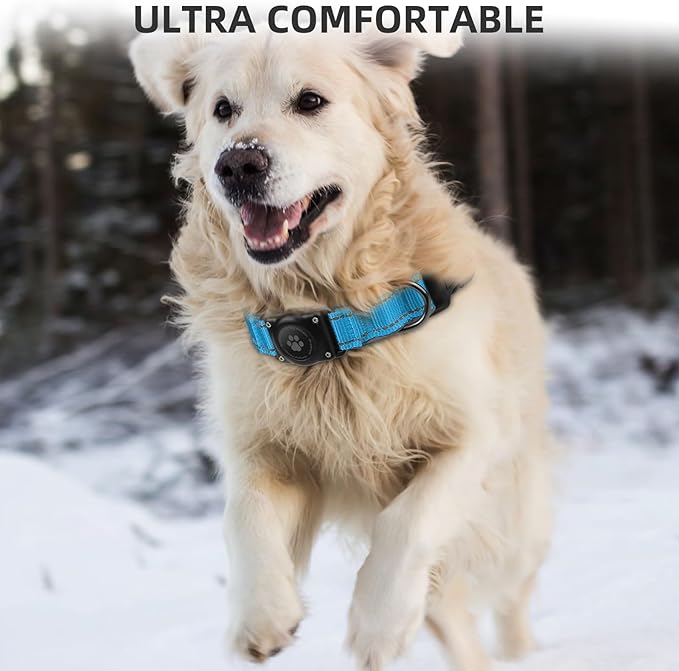 Airtag Dog Collar - 100% Waterproof Air tag Dog Collar Holder for Apple AirTag, Reflective, Soft Padded, Everlasting, GPS Dog Collar for Small Medium Large Dogs (Blue, L)