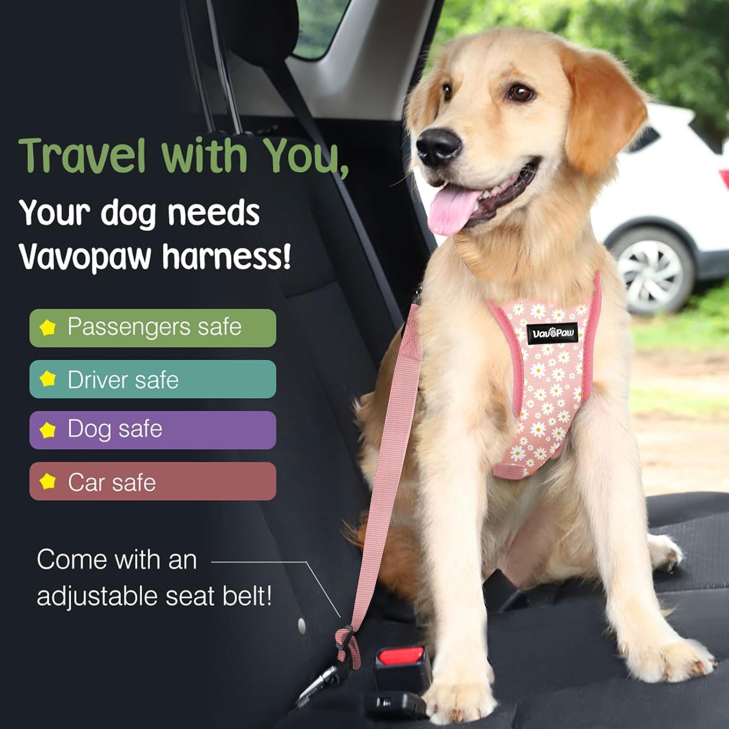 Dog Seat Belt, Safety Vest Dog Car Harness with Adjustable Buckle Dog Seat Belt for Vehicle Nylon Pet Safety Seat Belts Heavy Duty(M, Pink Daisy)