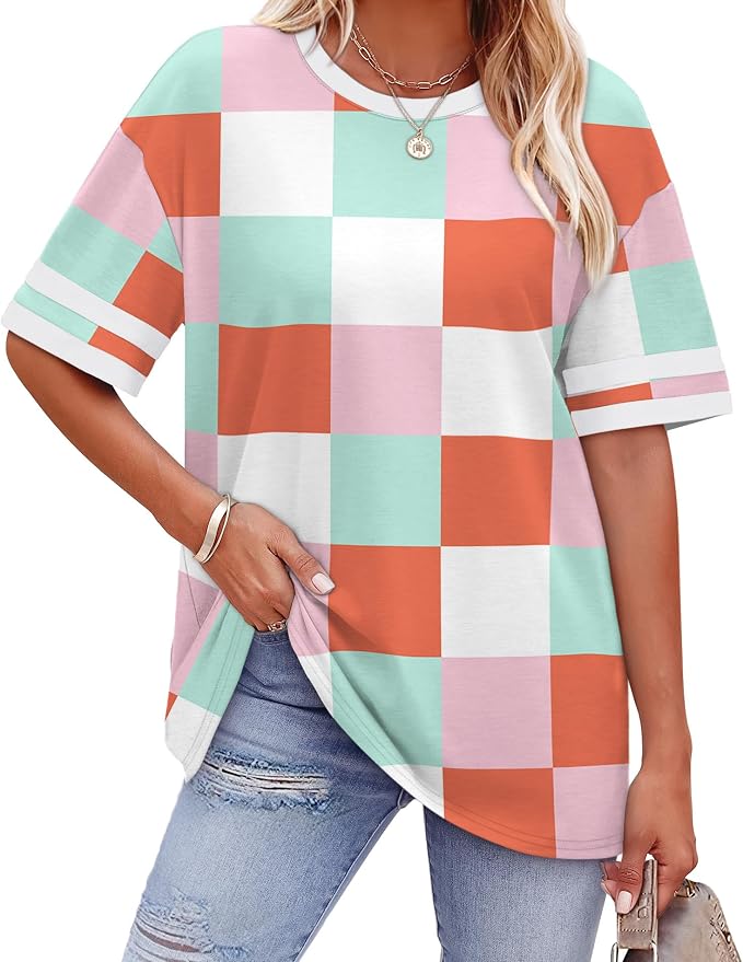 WIHOLL Womens T Shirts Loose Fit Short Sleeve Tees Crew Neck Color Block Summer Tops 2026 Fashion