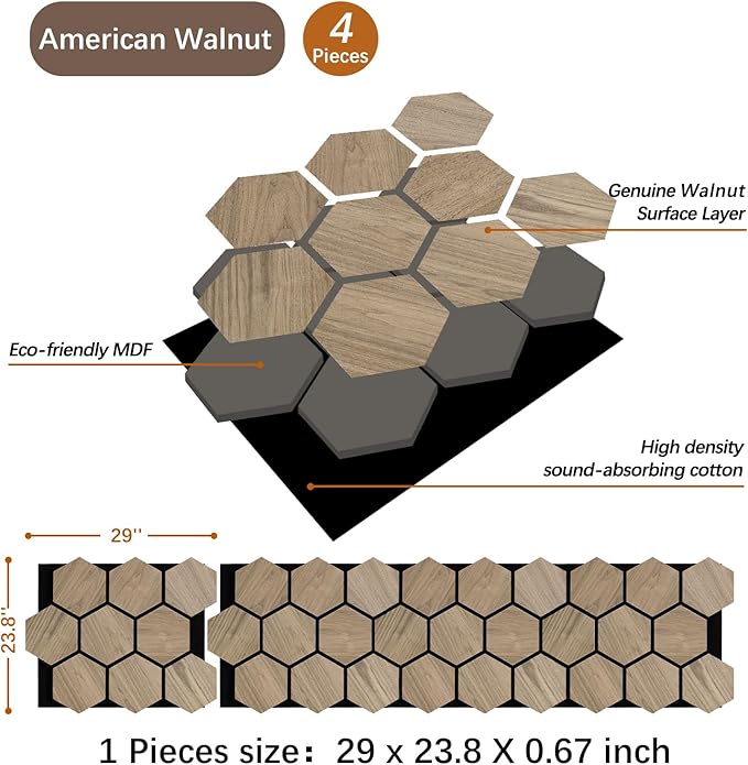 Wall Paneling for Interior Wall - 4 PCS Hexagon Wall Panels - Hexagon Acoustic Panels - Natural Walnut Wood Veneer Sound Proof Panels for Walls, Wood Slat Wall Panel 23.8" W x 29" L