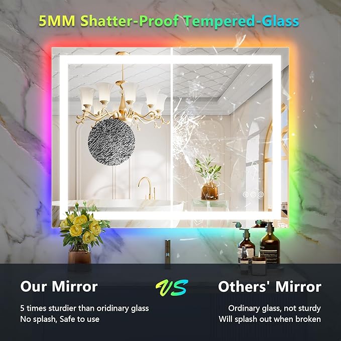 40x30 Inch RGB LED Bathroom Mirror Front Light and RGB Backlit Lighted Vanity Mirror for Bathroom Wall Mounted Dimmable Anti Fog Memory Shatter-Proof IP54 Waterproof Horizontal/Vertical