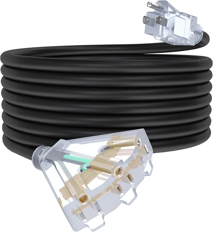25Ft 12/3 Outdoor Extension Cord with 3-Outlets, Heavy Duty 12 Gauge 3 Prong Extension Cord Waterproof with Lighted end, 15A 12AWG 1875W SJTW, ETL Listed - Great for Garage, Garden and Home, Black