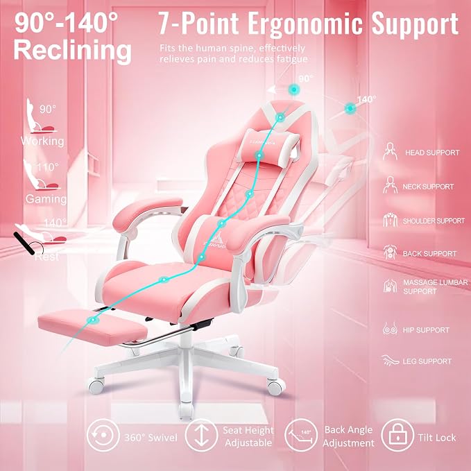 Gaming Chair,Ergonomic Massage Office Desk Chair with Footrest,Pink | Pocket Spring Cushion,Reclining,Thick High Back,Headrest and Lumbar Support,Adjustable Leather Computer Chair Gamer Chair