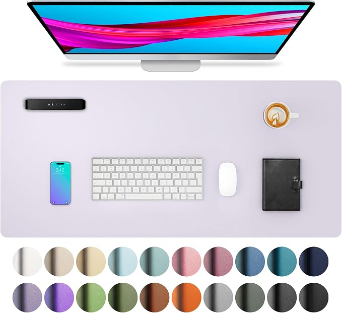 Aothia Large PU Leather Desk Pad Protector – Non-Slip Mouse Pad & Writing Mat for Office/Home, Waterproof, Easy to Clean (Soft Lavender, 23.6" x 13.7")