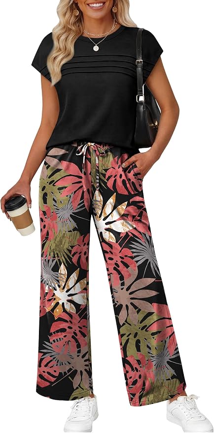 WIHOLL Two Piece Set for Women Summer Spring Outfits Matching Sets Women Clothing Airport Travel Vacation Wide Leg Pants