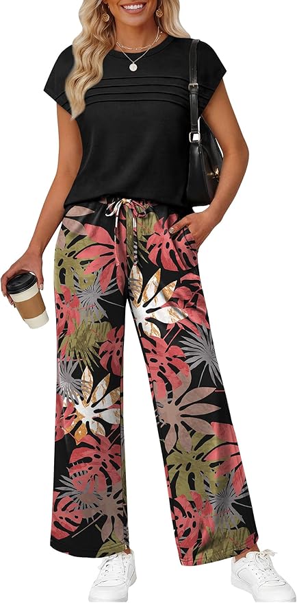WIHOLL Two Piece Set for Women Summer Spring Outfits Matching Sets Women Clothing Airport Travel Vacation Wide Leg Pants