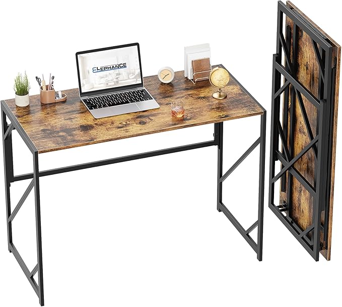 Elephance Folding Desk Writing Computer Desk for Home Office No-Assembly | Study Office Desk,Foldable Table for Small Spaces,39.4 inch,Rustic Brown