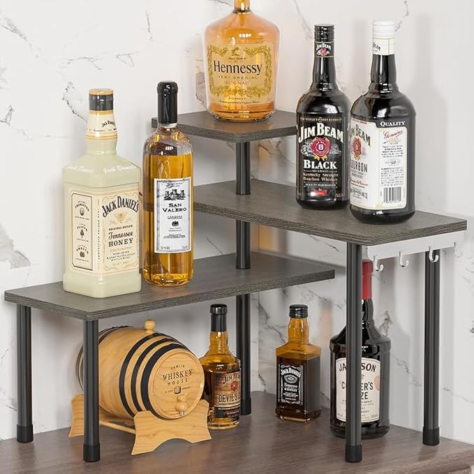 ZHWS Kitchen Countertop Organizer, Bathroom Counter Organizer, Adjustable 3 Tier Corner Shelf with 4 Metal Hooks for Counter Organize, Spice Rack, Makeups, Coffee Station Bookshelf (Rustic Grey)