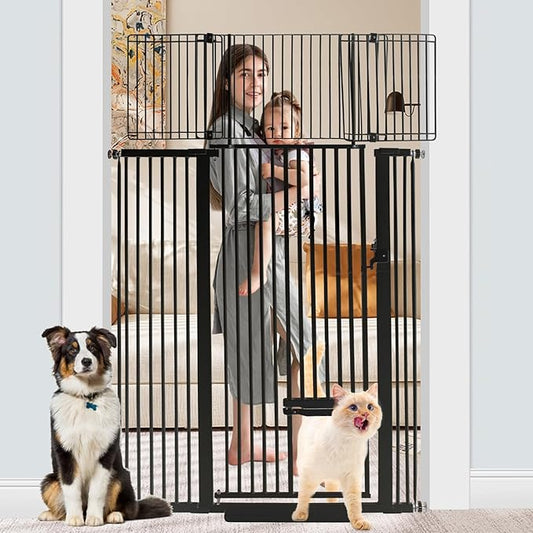 71 Inch Extra Tall Pet Gate with Small Cat Door, 29.55"-46.06" Adjustable Wide Dog Gate, Tall Cats Gates for Doorway, Stairs, House(Black)