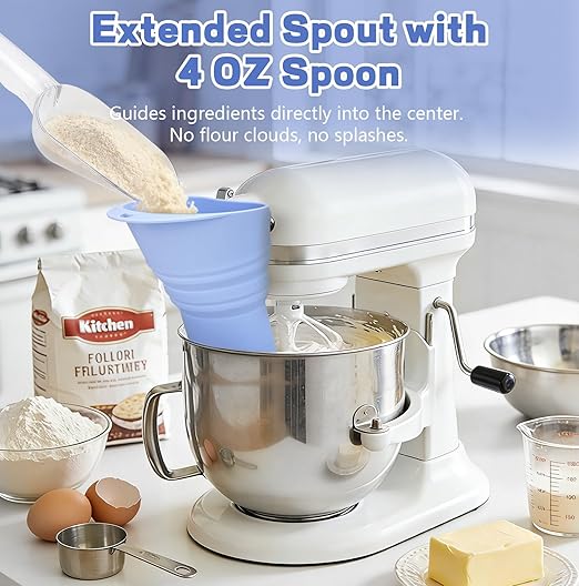 No-Mess Flour Funnel for Kitchen Aid Mixer Set with Scoop, Extended Mouth Foldable Flour Funnel for Kitchenaid Stand Mixer Attachments for 4.5-7 Quart KSM150, Dishwasher Safe Pouring Chute