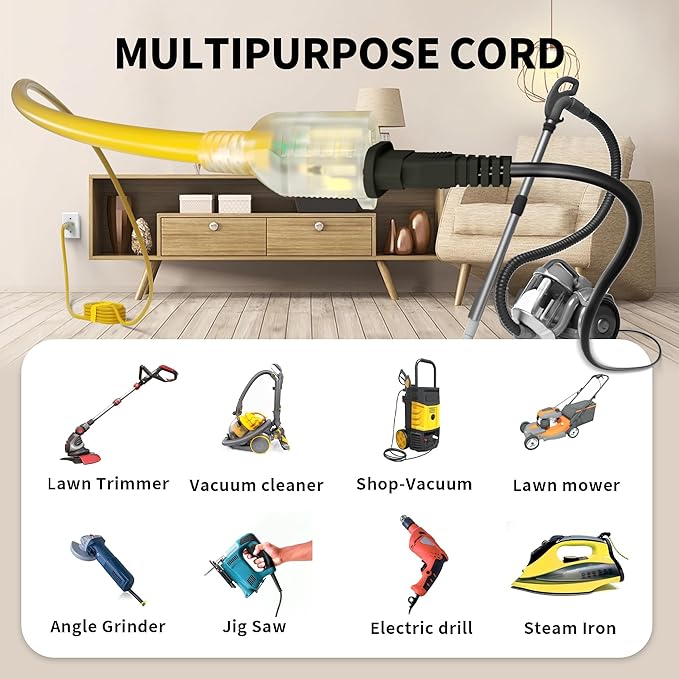 POWGRN 100 Ft 10AWG Outdoor Extension Cord Waterproof Heavy Duty, 3 Prong Flexible Cold-Resistant Long Power Cord Outside with Lighted Indicator End, 15Amp 1875W SJTW, Yellow ETL