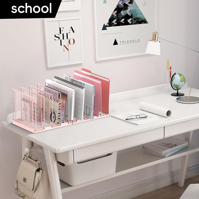9-Section Desk File Organizer, Vertical File Holder, Mesh Desktop File Folder Metal File Organizer Stand for Office Home Classroom, Pink