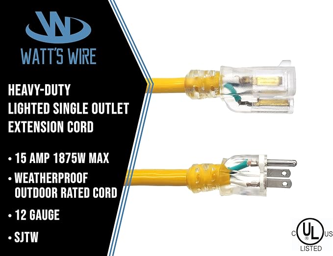 100 ft Outdoor Extension Cord Waterproof - 12 Gauge Heavy Duty Extension Cord 100 ft - Lighted Outdoor Extension Cords - Watts Wire - 100' Grounded - extensiones electricas