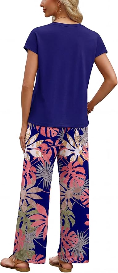 WIHOLL Two Piece Set for Women Summer Spring Outfits Matching Sets Women Clothing Airport Travel Vacation Wide Leg Pants