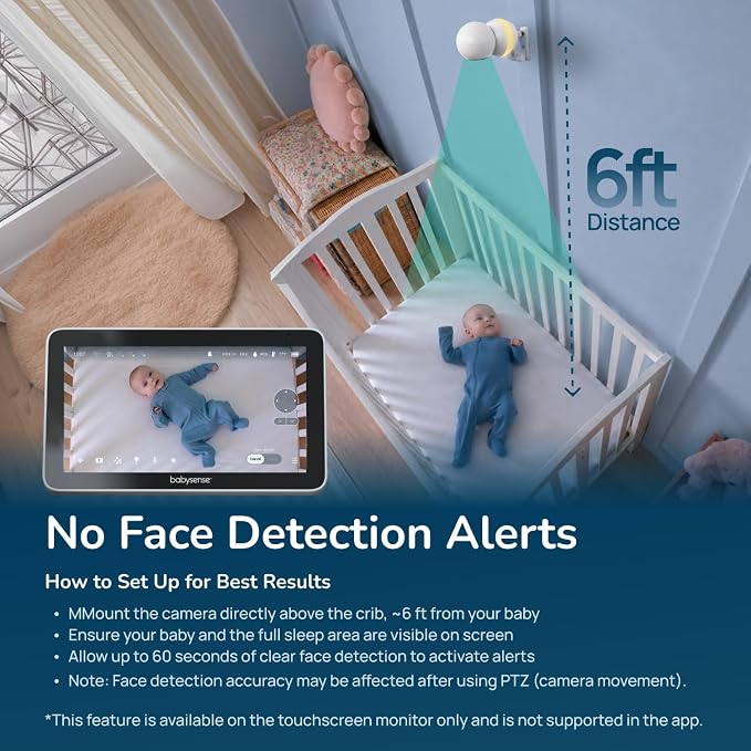 Babysense TOUCH 7" Touchscreen Smart WiFi Baby Monitor with App, Camera and Audio, 2 Cameras with Night Light, 4MP Dual-Lenses with 6X Zoom, AI Auto Tracking, Focus Area, Split-Screen, No Subscription