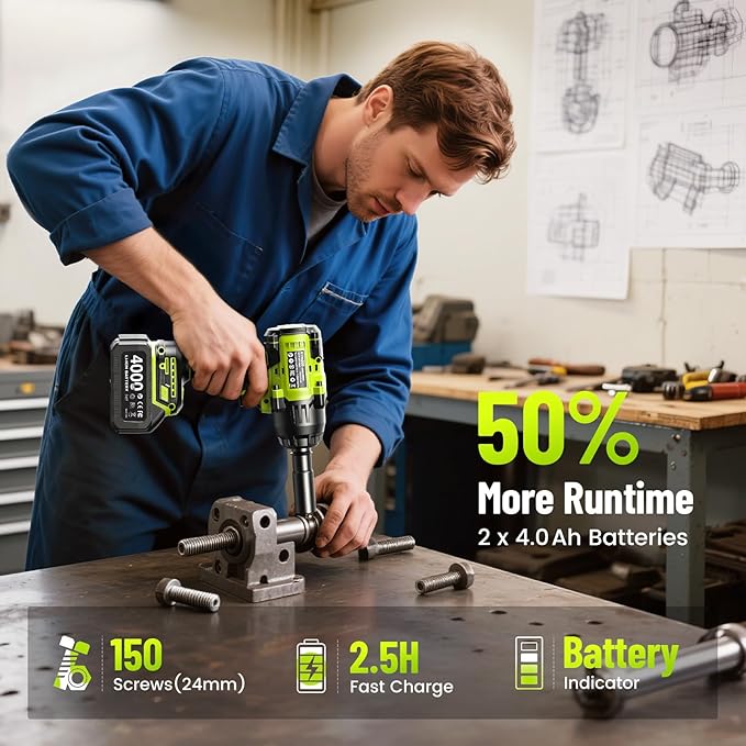 Robustrue 1400N.m (1032ft-lbs) Cordless Impact Wrench, 11Pcs Tire Repair Kit, 1/2" Brushless High Torque Impact Gun, 2x4000 mAh Batteries, Fast Charger, Impact Driver for Car Home/Truck RV/Mower