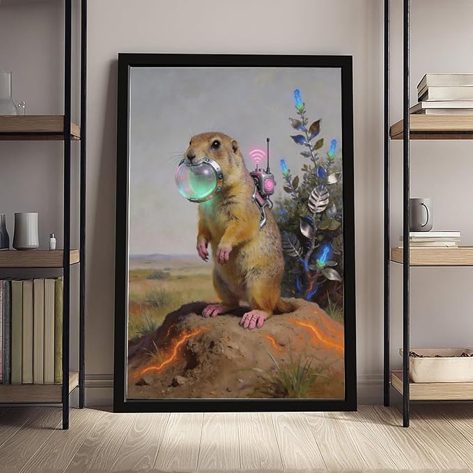 Framed Steampunk Mechanical Prairie Dog Wall Art - Retro-Futuristic Wilderness Poster for Living Room Game Room Decor 24x36in