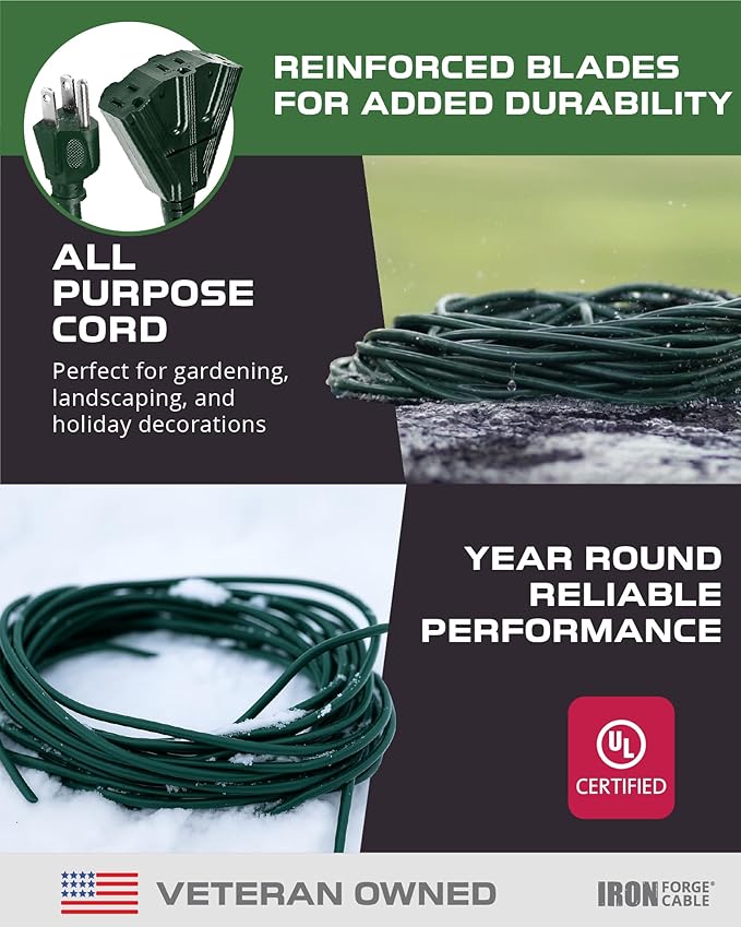 Iron Forge Cable 75ft Green Outdoor Extension Cord with 3 Outlets - 16/3 SJTW 75ft Extension Cord 3 Prong, 10 Amp All-Weather Heavy Duty Power Cable