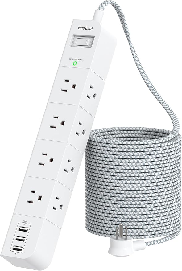 One Beat 15 ft Extension Cord,Power Strip Surge Protector 8 Widely AC Outlets 3 USB,Flat Plug,Desktop Charging Station with Overload Protection,Wall Mount for Home,Office,Travel,Computer ETL Listed