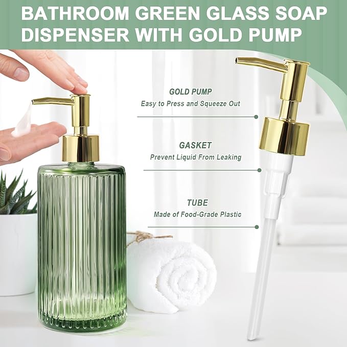 Green Glass Bathroom Accessories 4 Pcs, Green Bathroom Set, Soap Dispenser and Toothbrush Holder Set, Qtip Holder Set, Vintage Bathroom Sink Set, Cute Bathroom Decor