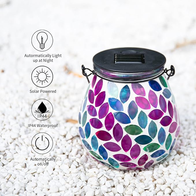 Afirst Mosaic Solar Lanterns Outdoor - Glass Hanging Solar Lights Hollow Out Waterproof Table Lamp Outdoor Decorative for Garden, Patio, Holiday Party Outdoor Decoration