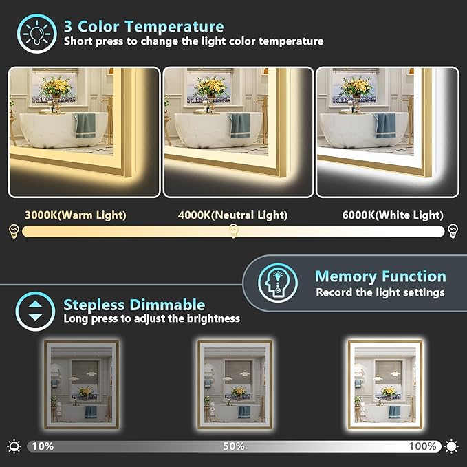 30x36 Gold Beveled LED Bathroom Mirror with Lights, Brushed Gold Framed Backlit and Front Lit Anti-Fog Lighted Vanity Mirrors for Bathroom Wall, Dimmable, 3 Colors, Memory, HD Tempered Glass