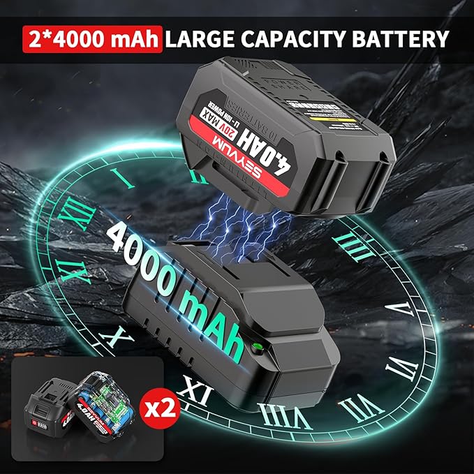 SEYVUM Cordless Impact Wrench, 1/2” Max Torque 440 Ft-lbs / 600 N.m Power Impact Gun, 20V 3000RPM Electric Impact Driver, 2 x 4.0Ah Battery, 4 Impact Sockets, Carry Bag Included